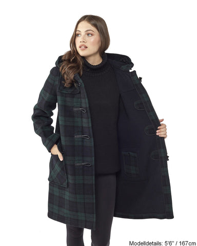 Damen-Dufflecoat in klassischer Passform mit Hornknebeln – Blackwatch