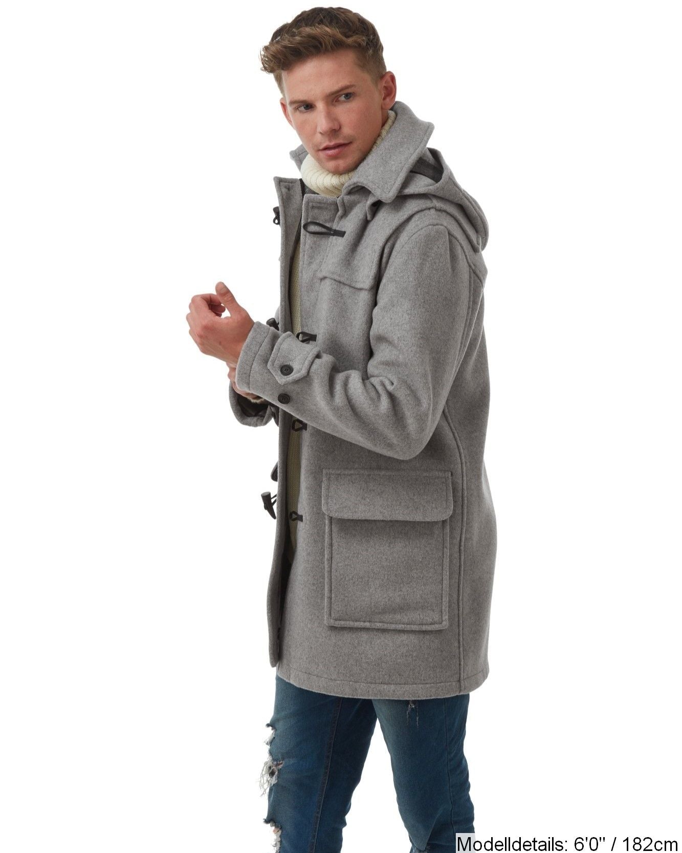 London Custom Fit Convertible Dufflecoat für Herren, mit original abnehmbarer Kapuze und Hornknebeln – Pilz