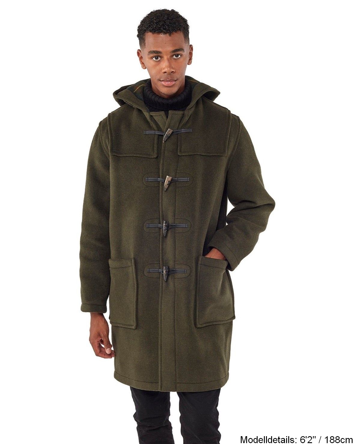 Originaler und authentischer Dufflecoat in klassischer Passform für Herren mit Hornknebeln – Olive