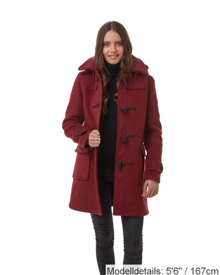 London Custom Fit Convertible Dufflecoat für Damen mit originaler abnehmbarer Kapuze und Hornknebeln – Burgunderrot