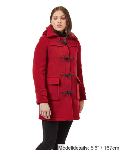 London Custom Fit Convertible Dufflecoat für Damen mit originaler abnehmbarer Kapuze und Hornknebeln – Rot